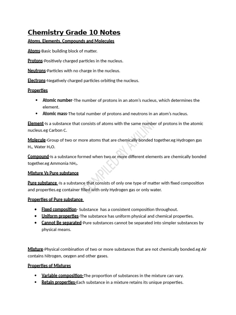 Chemistry Grade 10 Notes | PDF