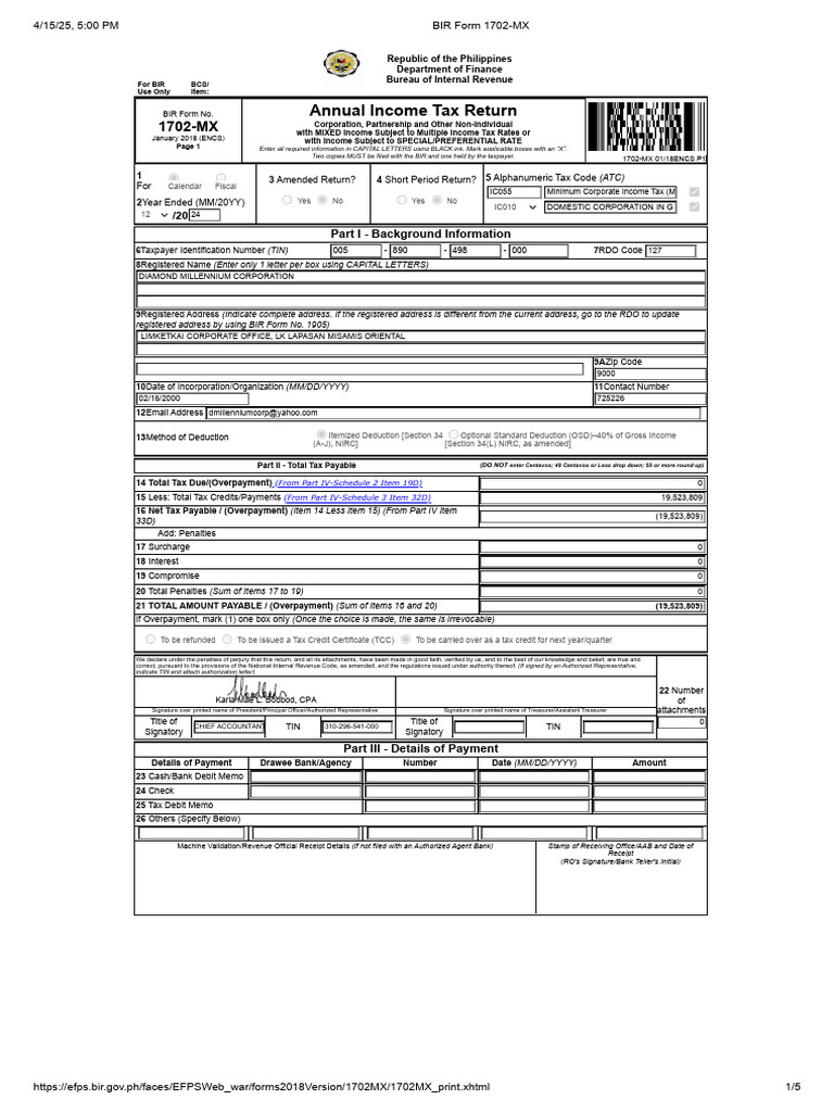 BIR Form 1702-MX: Annual Tax Return | PDF | Tax Deduction | Income Tax