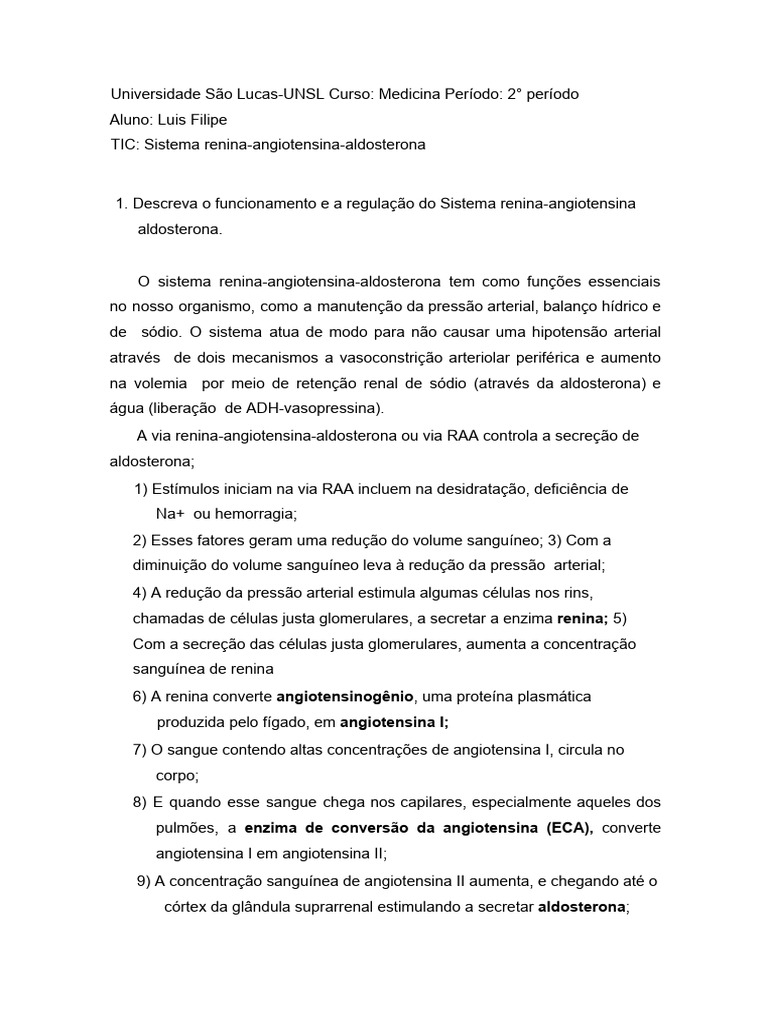 Funcionamento do Sistema RAA | PDF | Rim | Fisiologia
