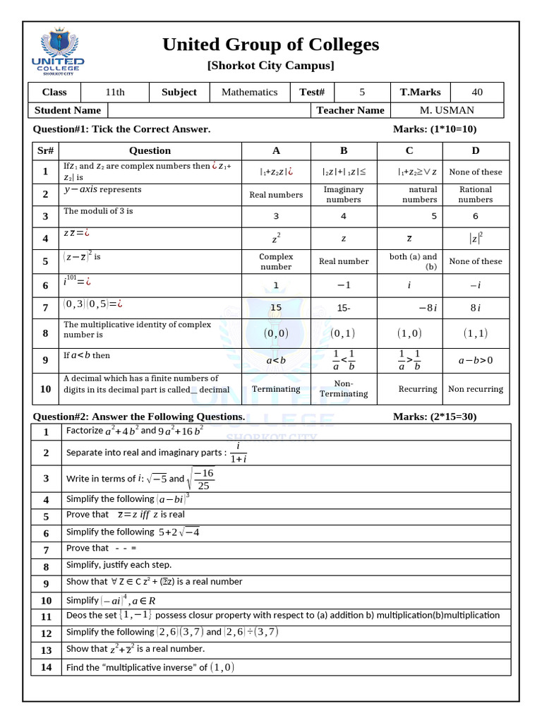 11th Math Test No 5 CHP 1 | PDF | Numbers | Real Number