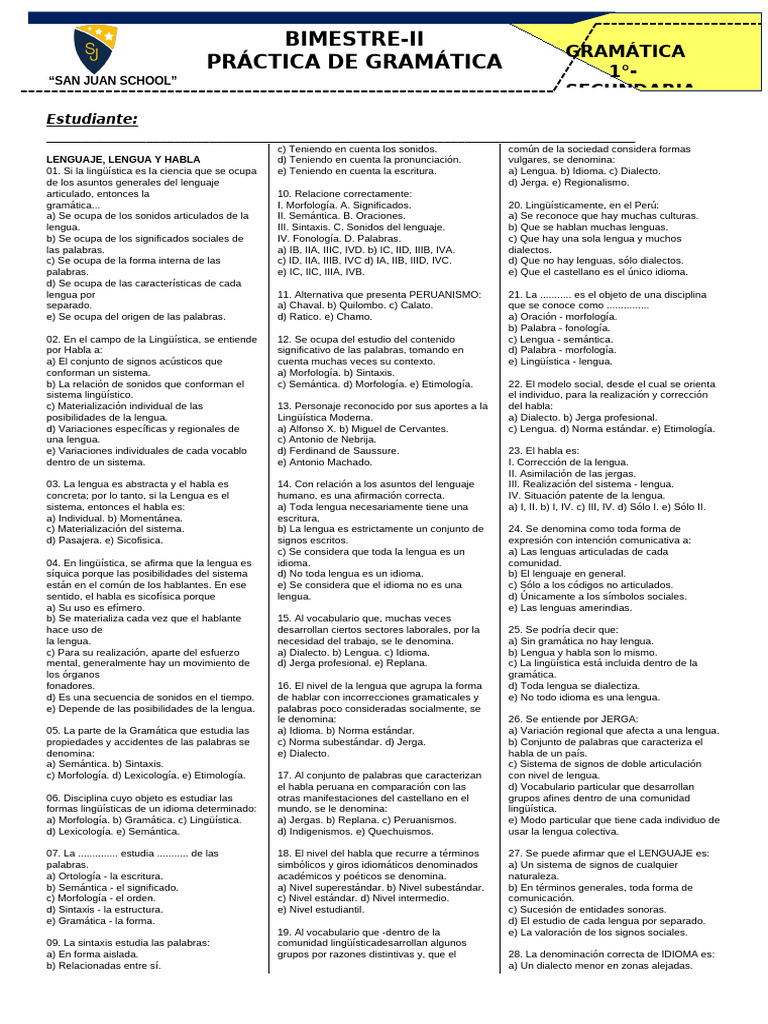 Gramatica 1 Lenguaje Lengua y Habla II Bimestre | PDF | Habla | Lingüística