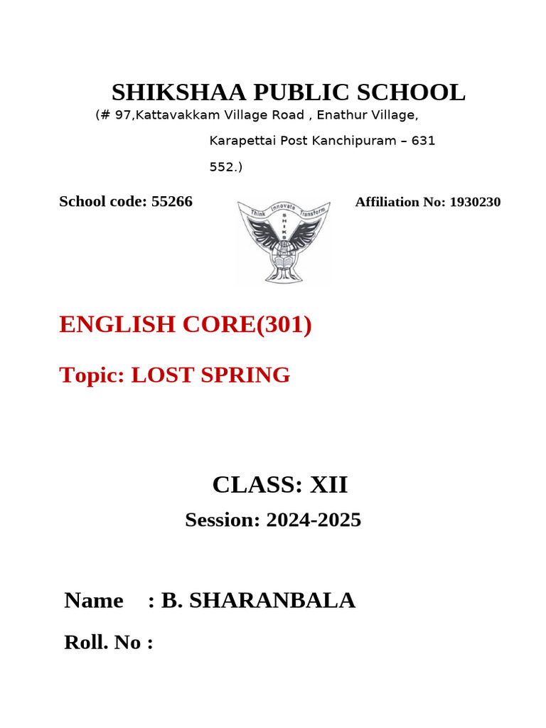 Class XII Project on Lost Spring | PDF