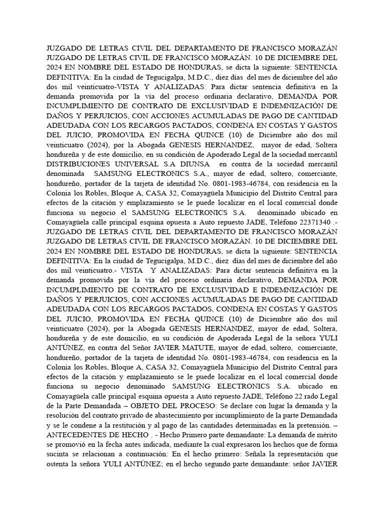 Sentencia Definitiva | PDF | Daños y perjuicios | Honduras
