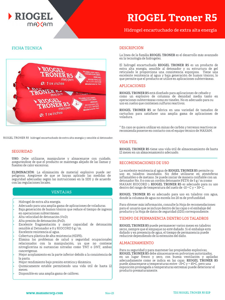 Hidrogel Explosivo RIOGEL TRONER R5 | PDF | Materiales