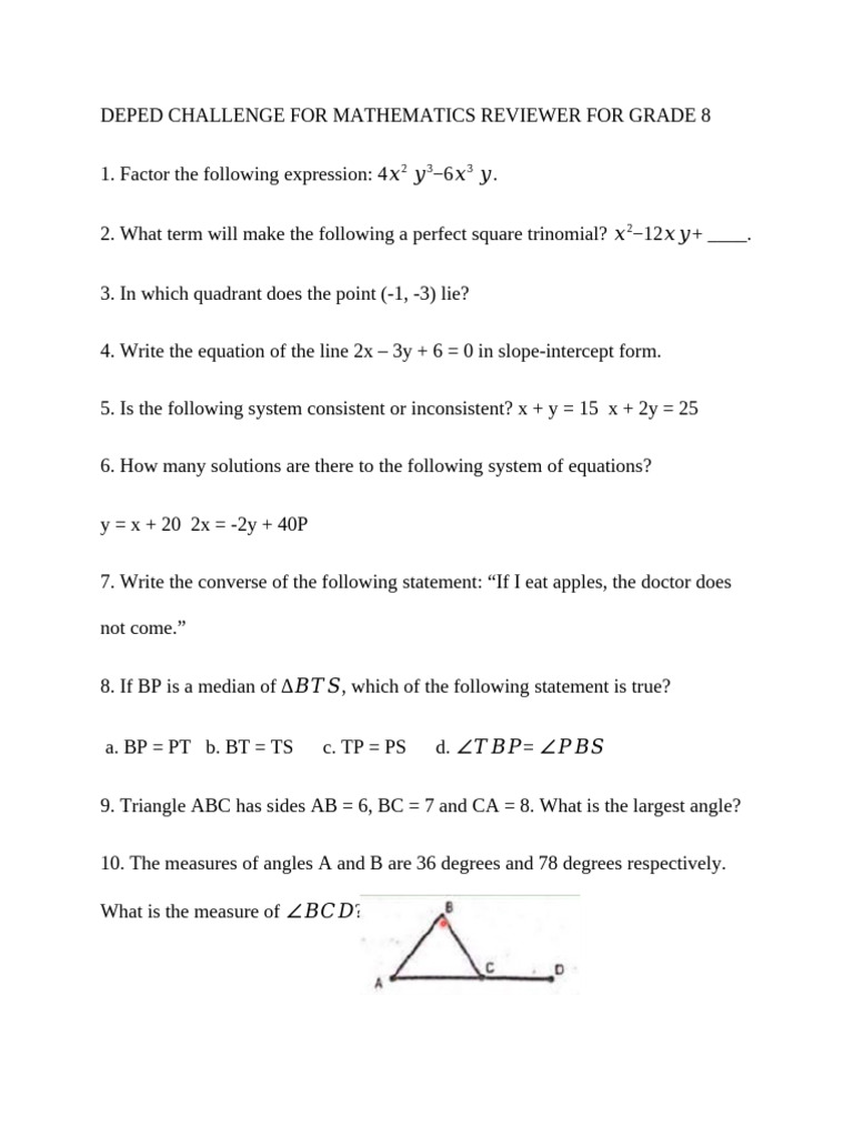 Deped Challenge 2024 For Mathematics Reviewer For Grade 8 (1-20) | PDF