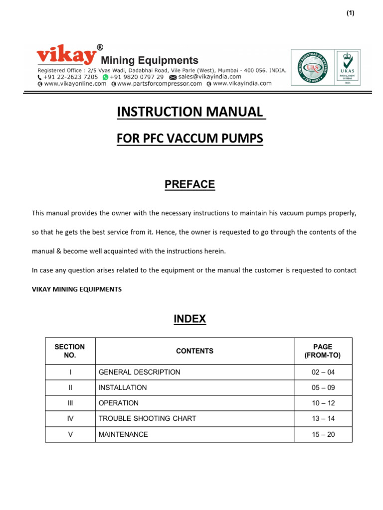 PFC Vacuum Pumps Instruction Manual | PDF | Pump | Belt (Mechanical)