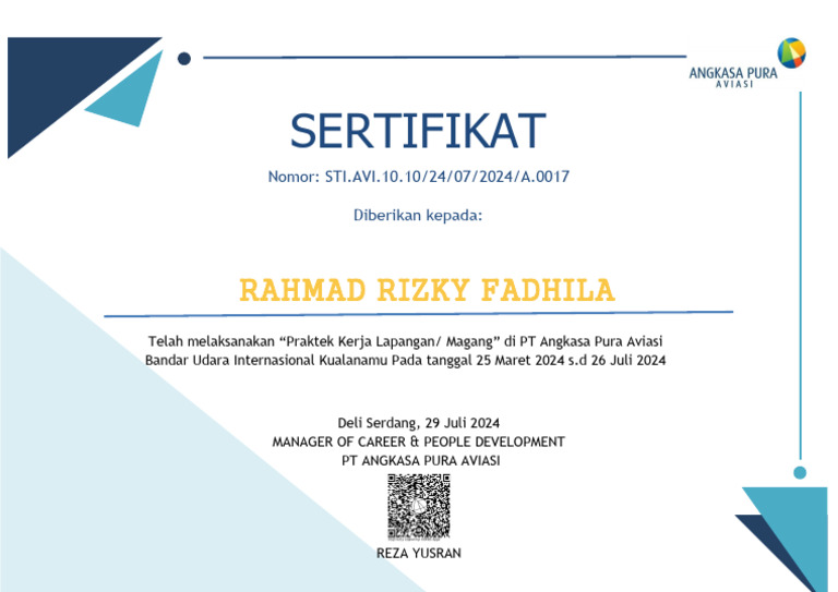 Sertifikat PKL Rahmad Rizky Fadhila | PDF