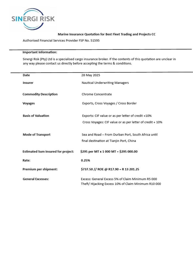 Marine Insurance Quotation Overview | PDF | Insurance | Cargo