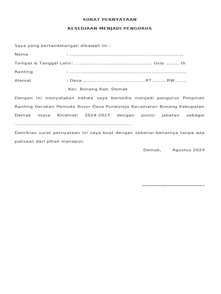 SURAT Kesediaan Menjadi Pengurus | PDF