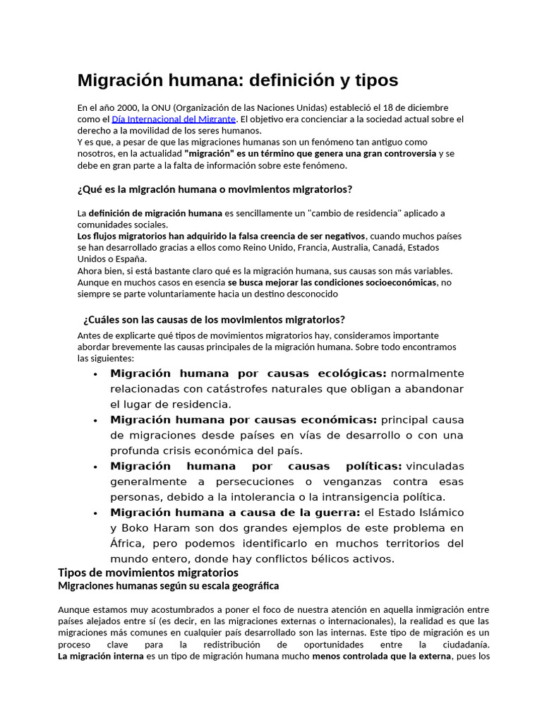 Tipos y causas de la migración humana | PDF | Migración humana ...