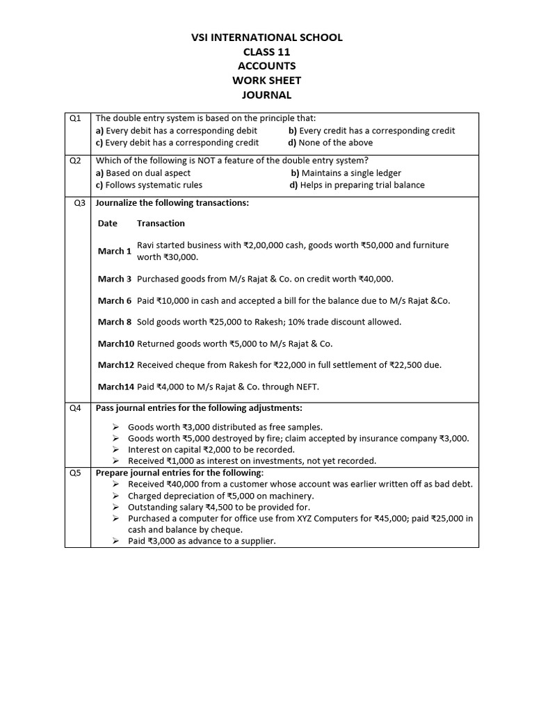 Class 11 Journal Entry Worksheet | PDF
