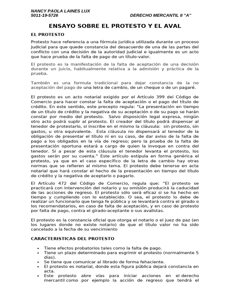 ENSAYO SOBRE EL PROTESTO Y EL AVAL | PDF | Pagaré | Pagos