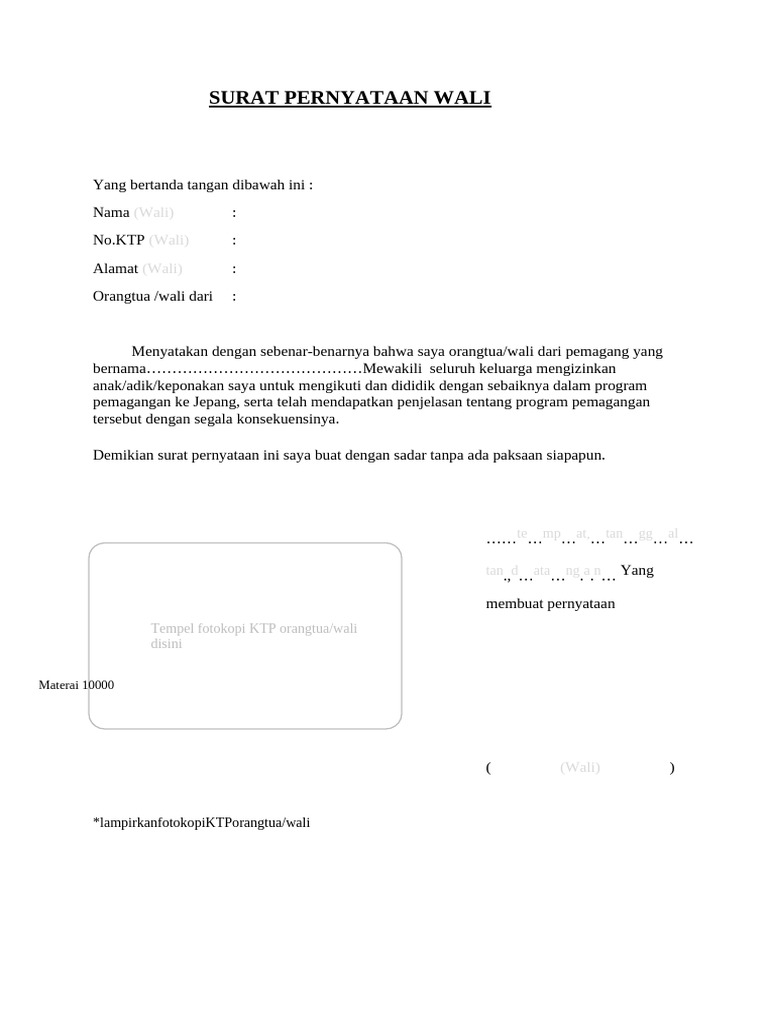 Draft Surat Pernyataan Wali | PDF