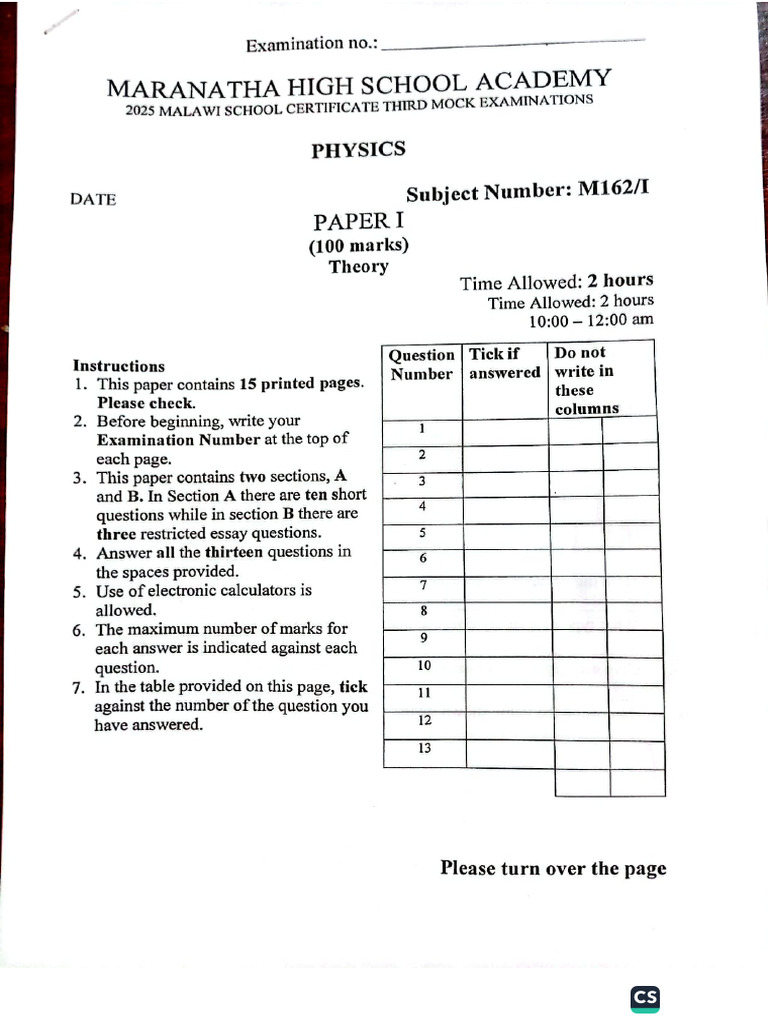 2025-2026 Phy Paper L Maranatha Examis | PDF