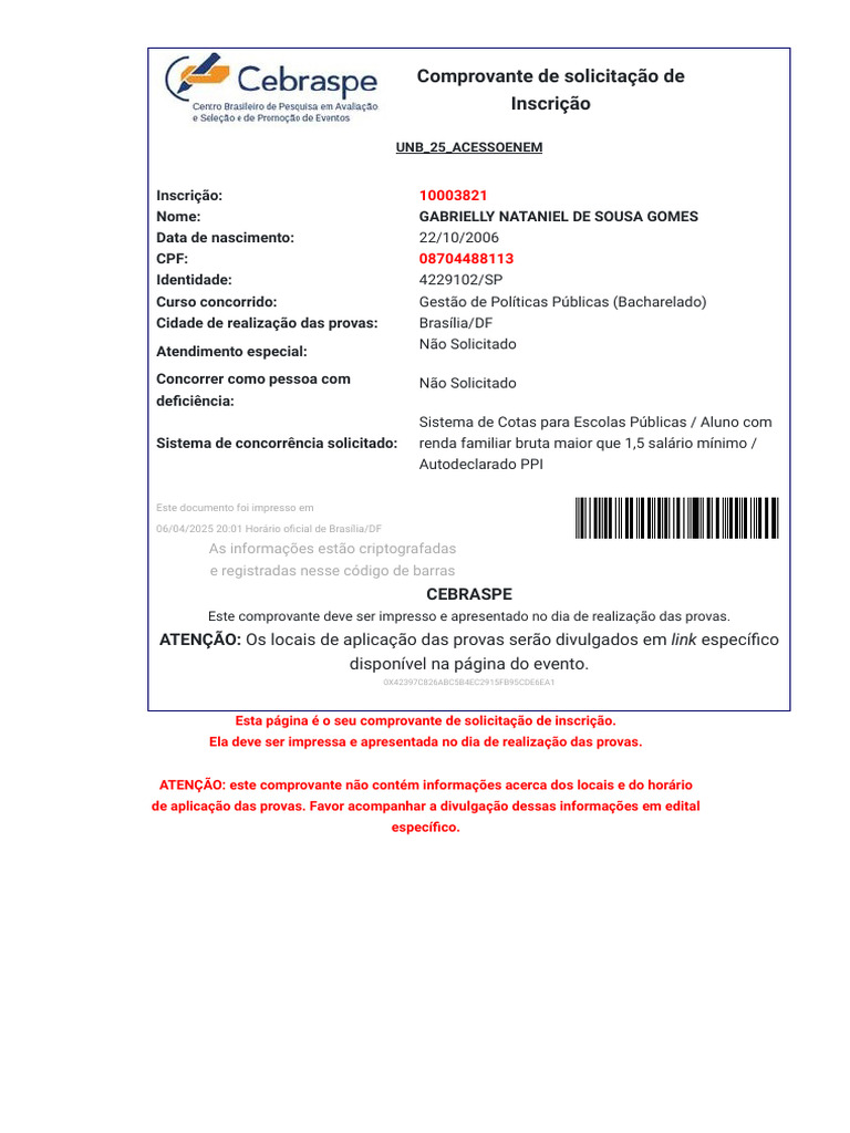 Comprovante de Inscrição ENEM 2025 | PDF