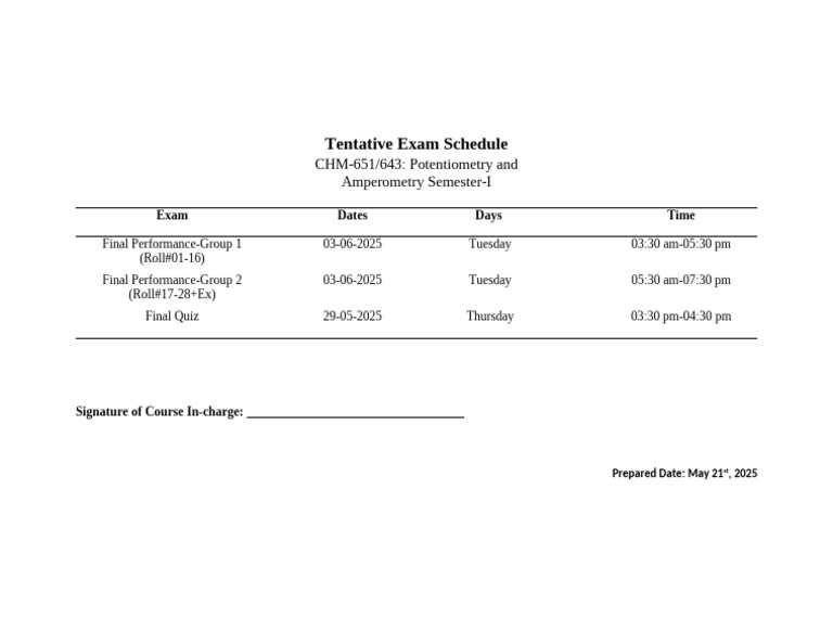 Tentative Exam Schedule for CHM-651/643 | PDF
