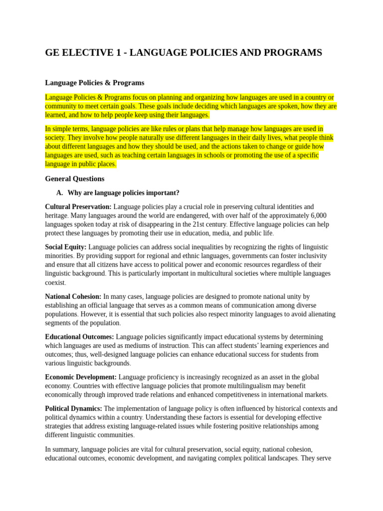 GE ELECTIVE 1 - Language Policies and Programs | PDF | Multilingualism ...