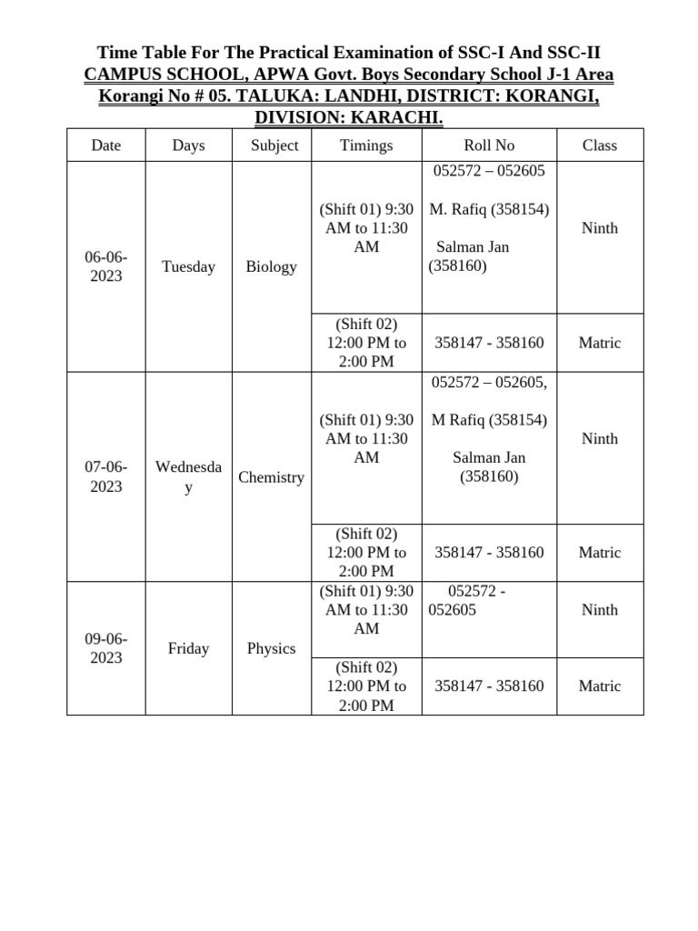 Time Table For Practicals Examination | PDF