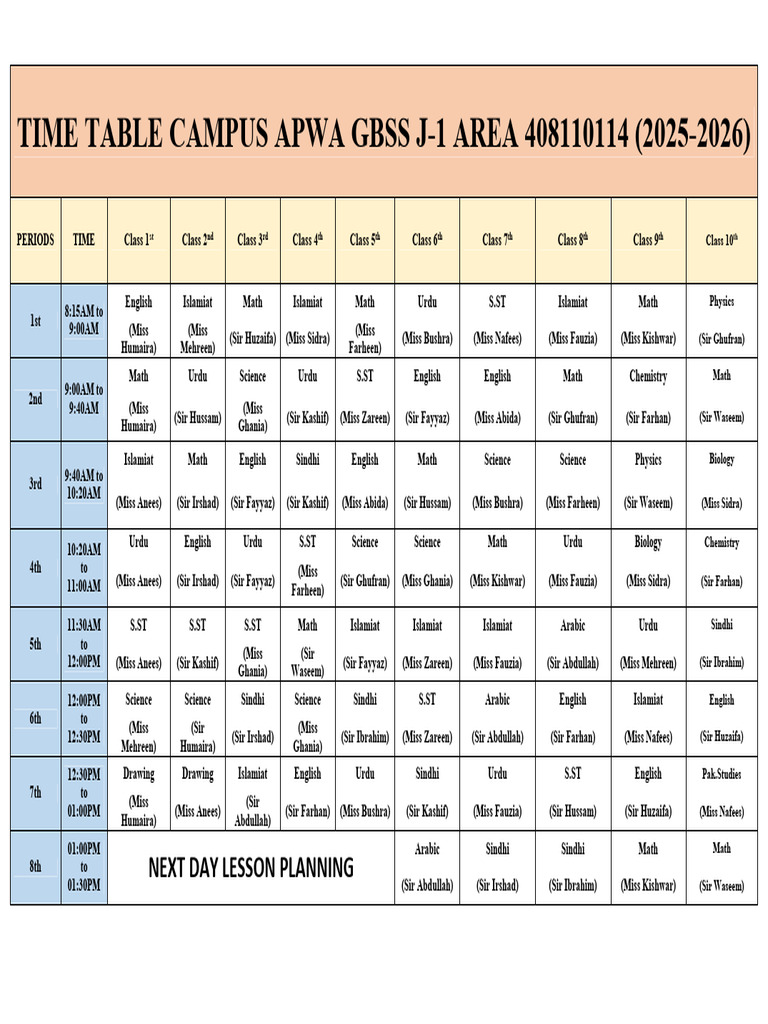 Campus Apwa GBSS J-1 AREA Time Table (2025-2026) | PDF