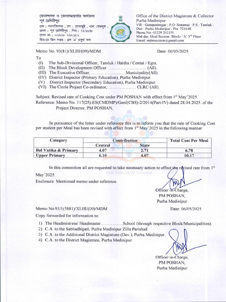 Revised Rate Cooking Cost Effect From 1st May 2025 - 0001 | PDF