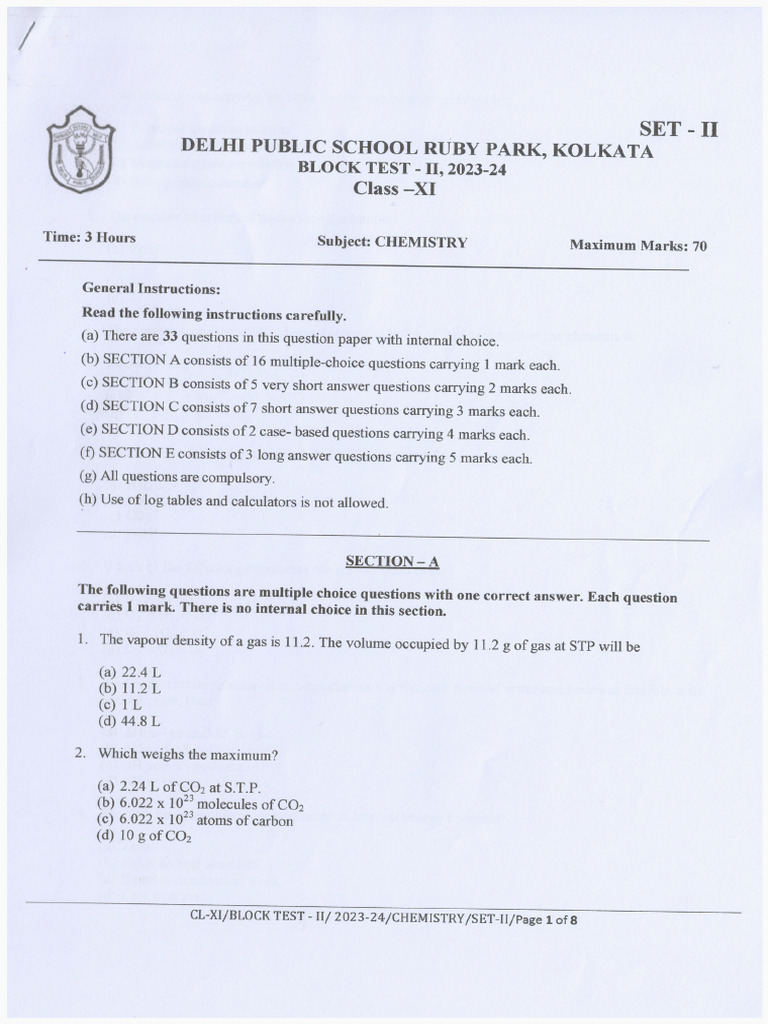 CL 11 Annual Exam 2023-24 Chemistry | PDF