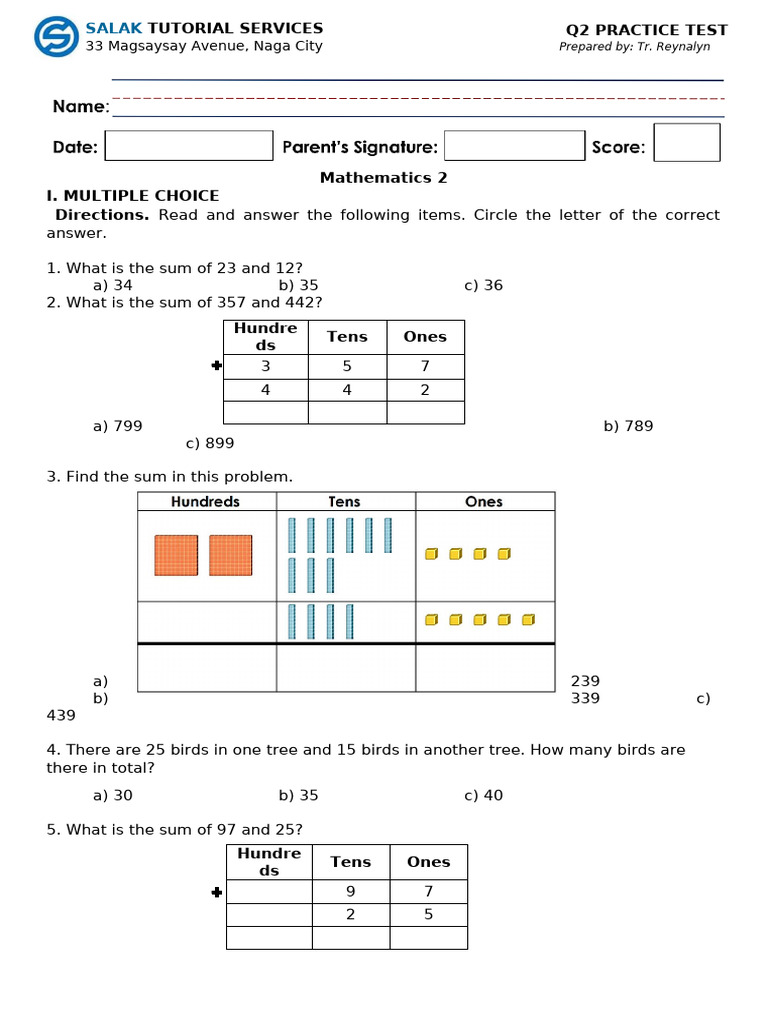 Mathematics Practice Test Questions | PDF | Subtraction | Mathematics