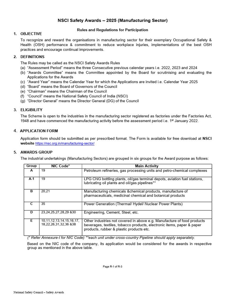 NSCI Safety Awards 2025 Guidelines | PDF | Risk | Occupational Safety ...