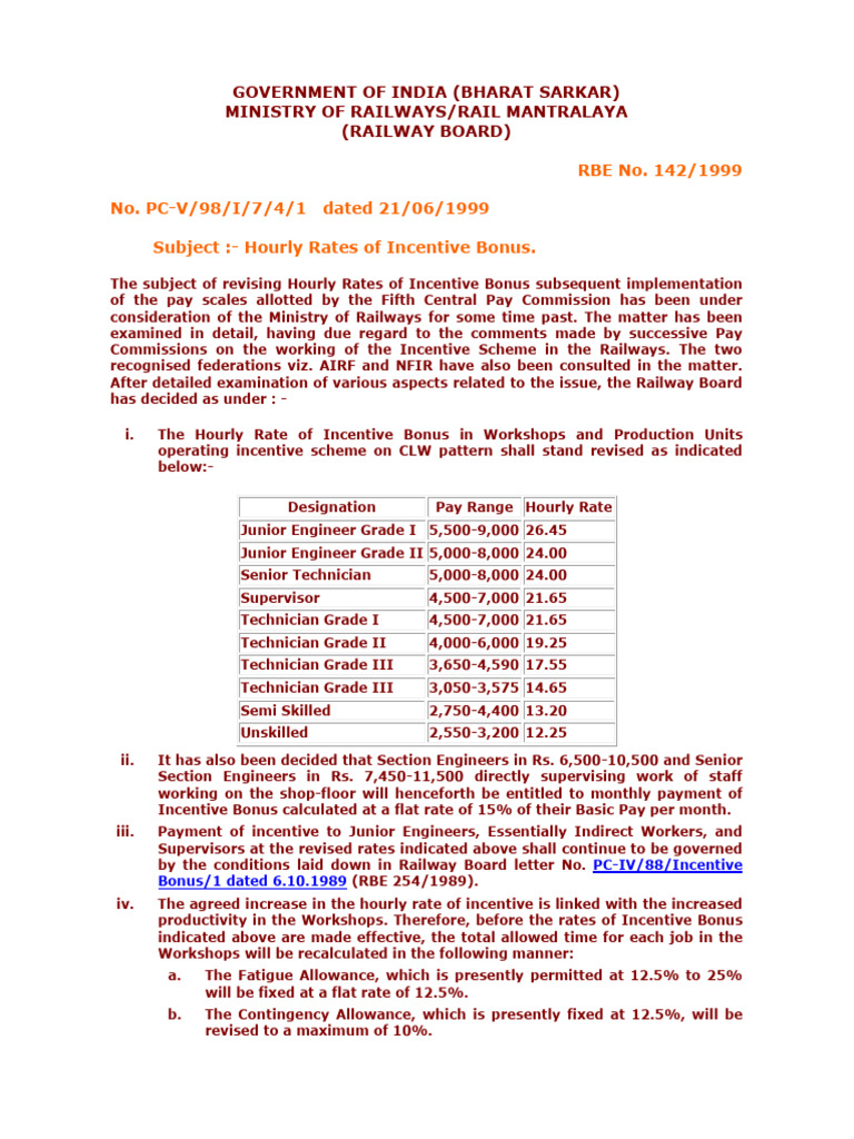 Revised Incentive Bonus Rates in Railways | PDF | Economies