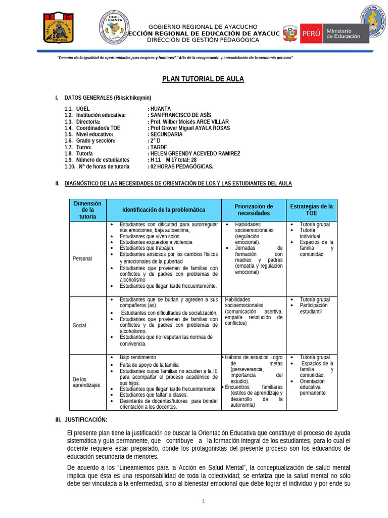 Plan Tutorial de Aula para Secundaria | PDF | Salón de clases | Enseñando