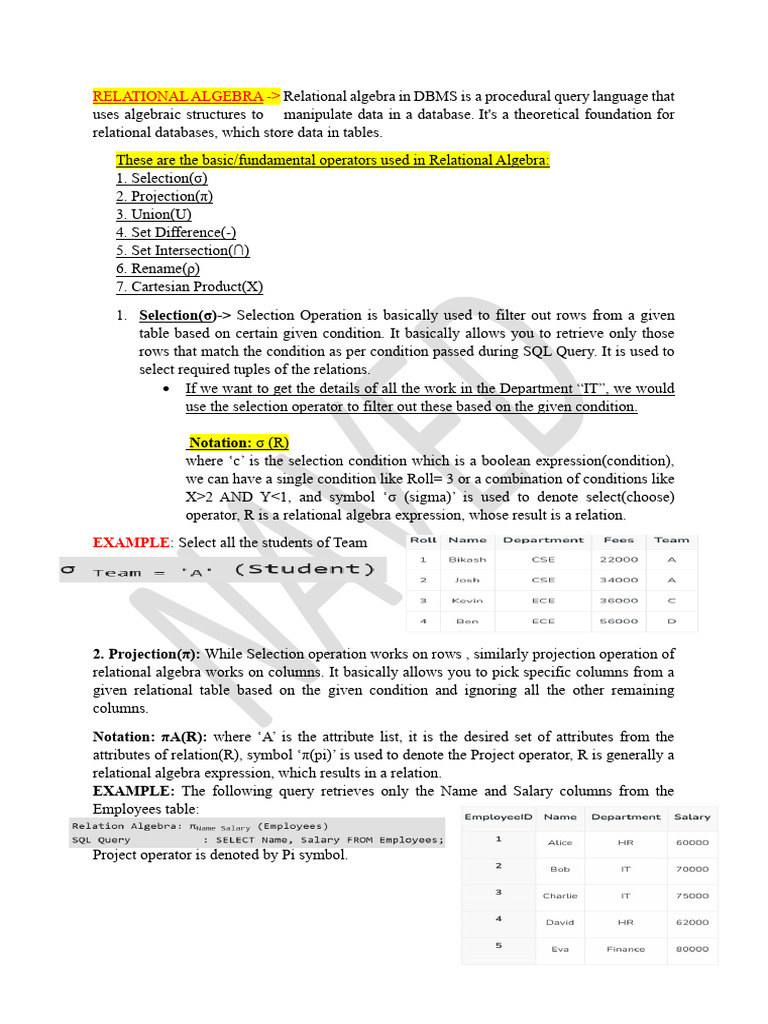 Relational Algebra Operations in DBMS | PDF | Relational Model | Databases