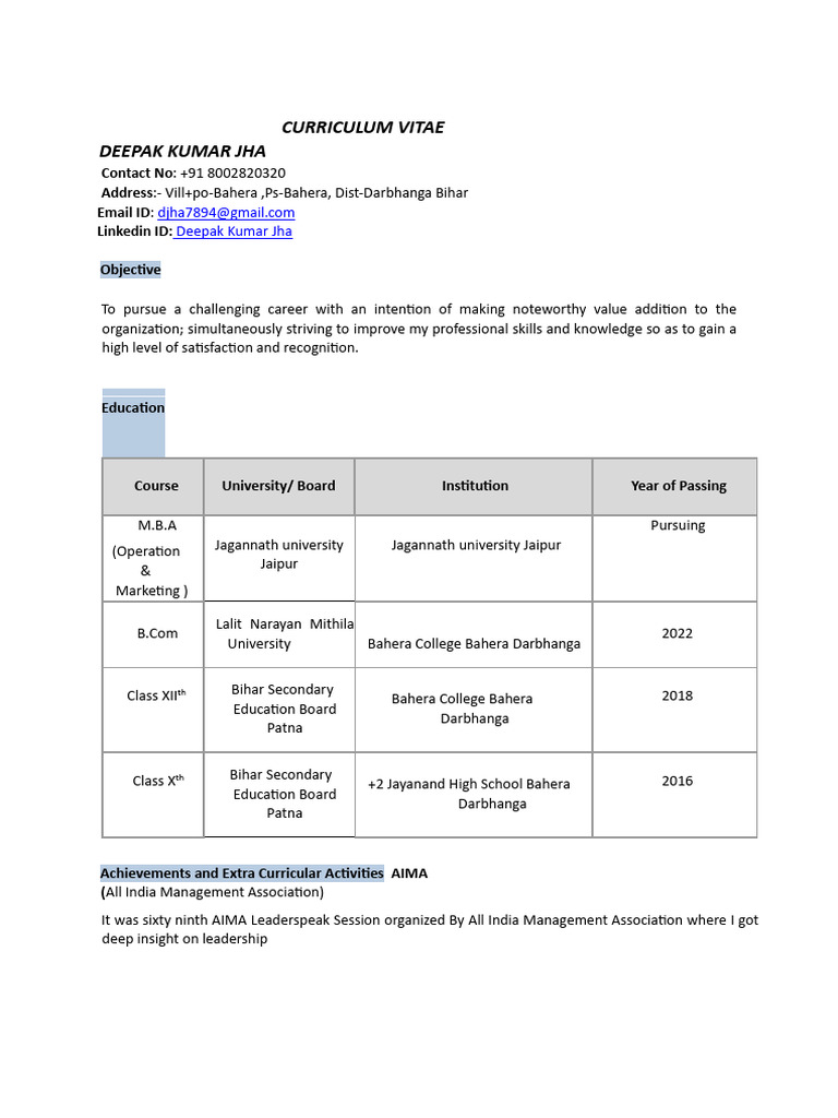 Deepak Kumar Jha CV and Career Overview | PDF