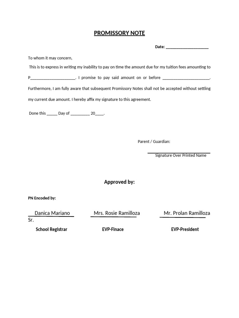 Tuition Fee Promissory Note Template | PDF