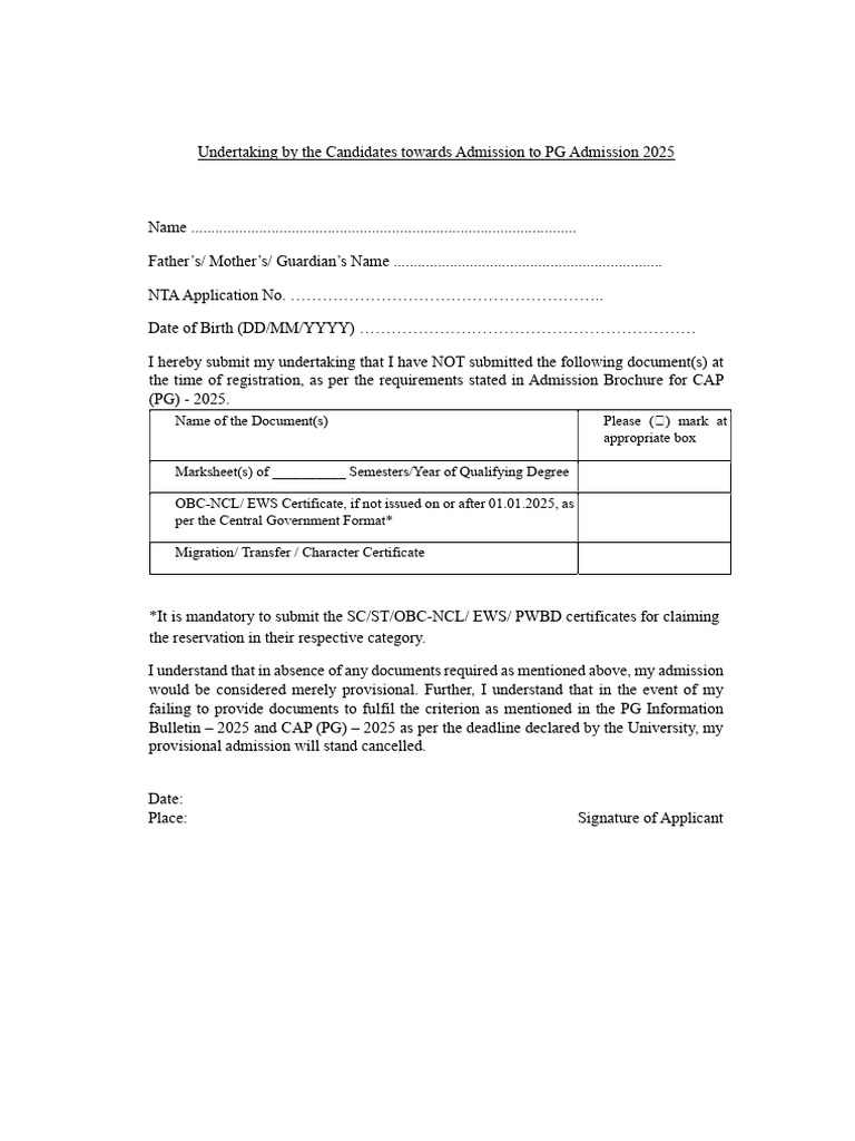Undertaking Migration Form Format PG 2025 | PDF
