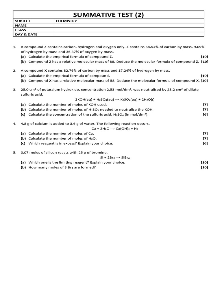 Chemistry Summative Test Questions | PDF