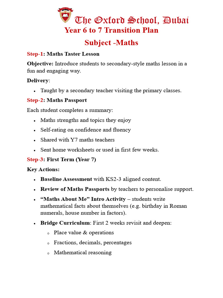 Year 6 to 7 Maths Transition Plan | PDF