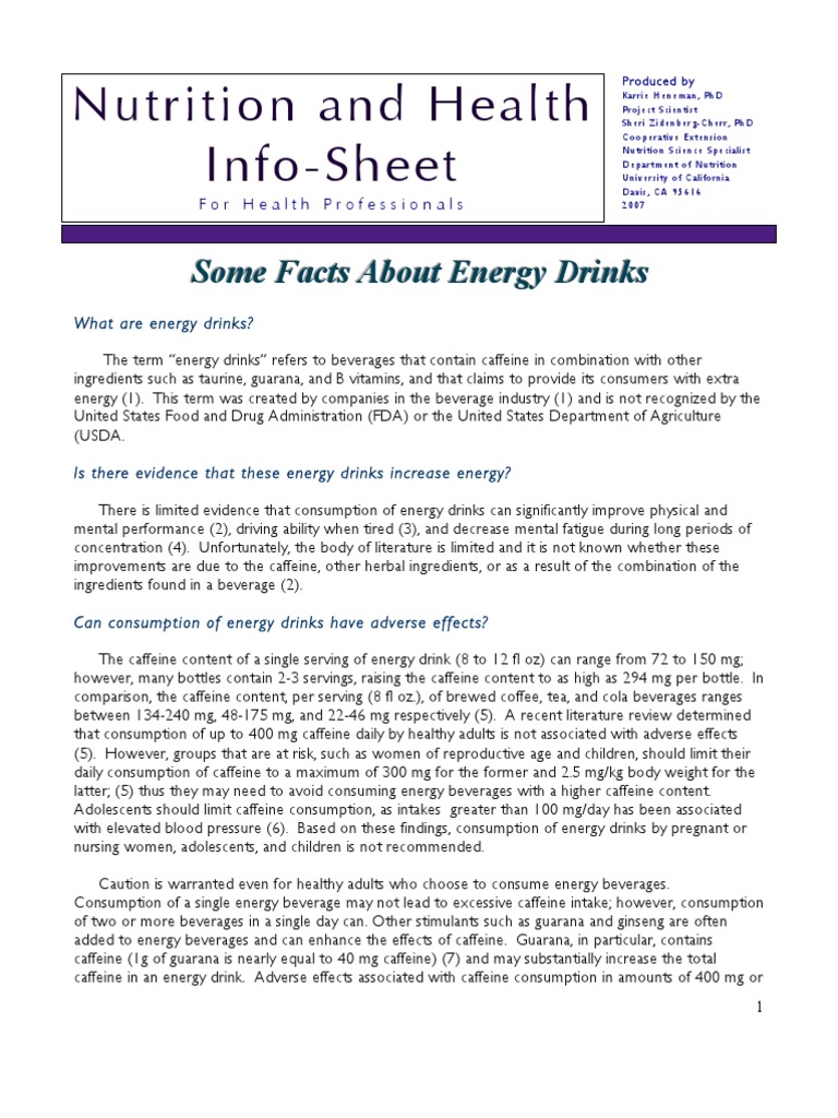 Energy Drinks Fact Sheet PDF Caffeine Drink