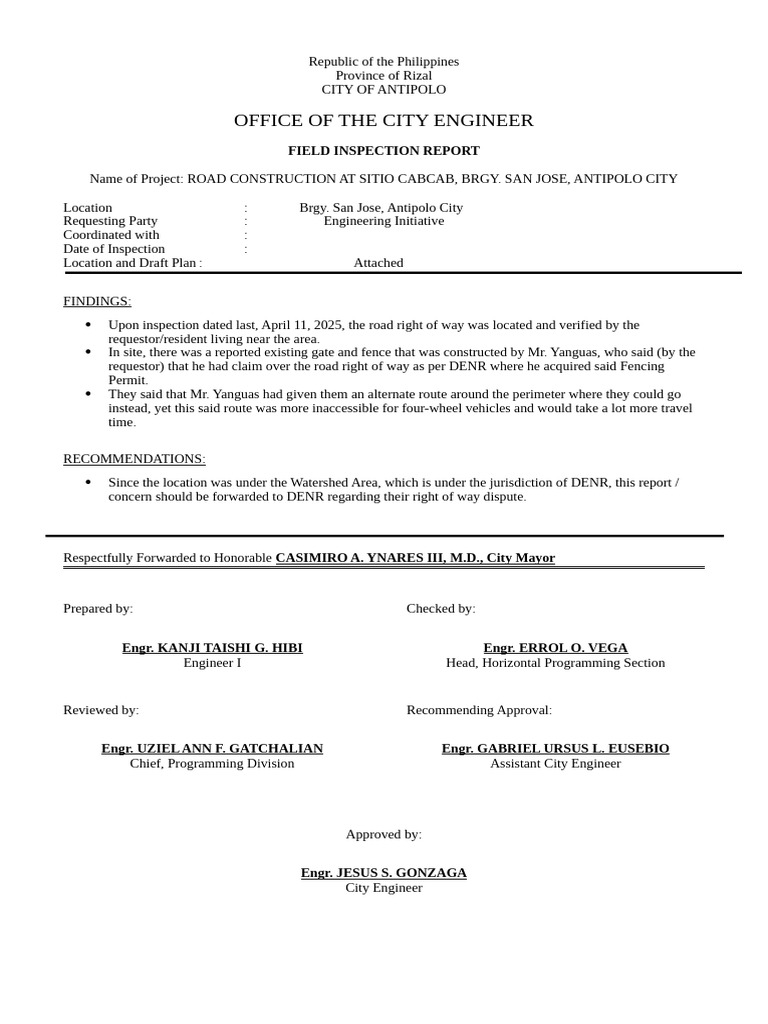 Field Inspection Report (Sitio Cabcab RROW) | PDF