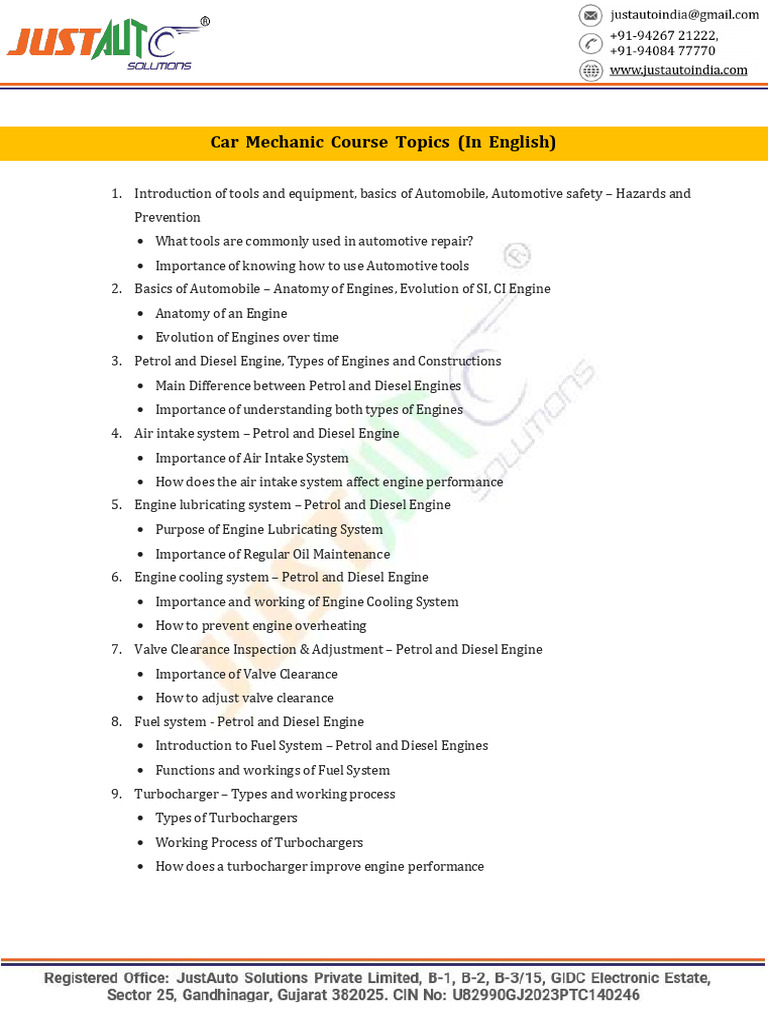 Car Mechanic Course Content Updated 24.02.2025 | PDF | Diesel Engine ...