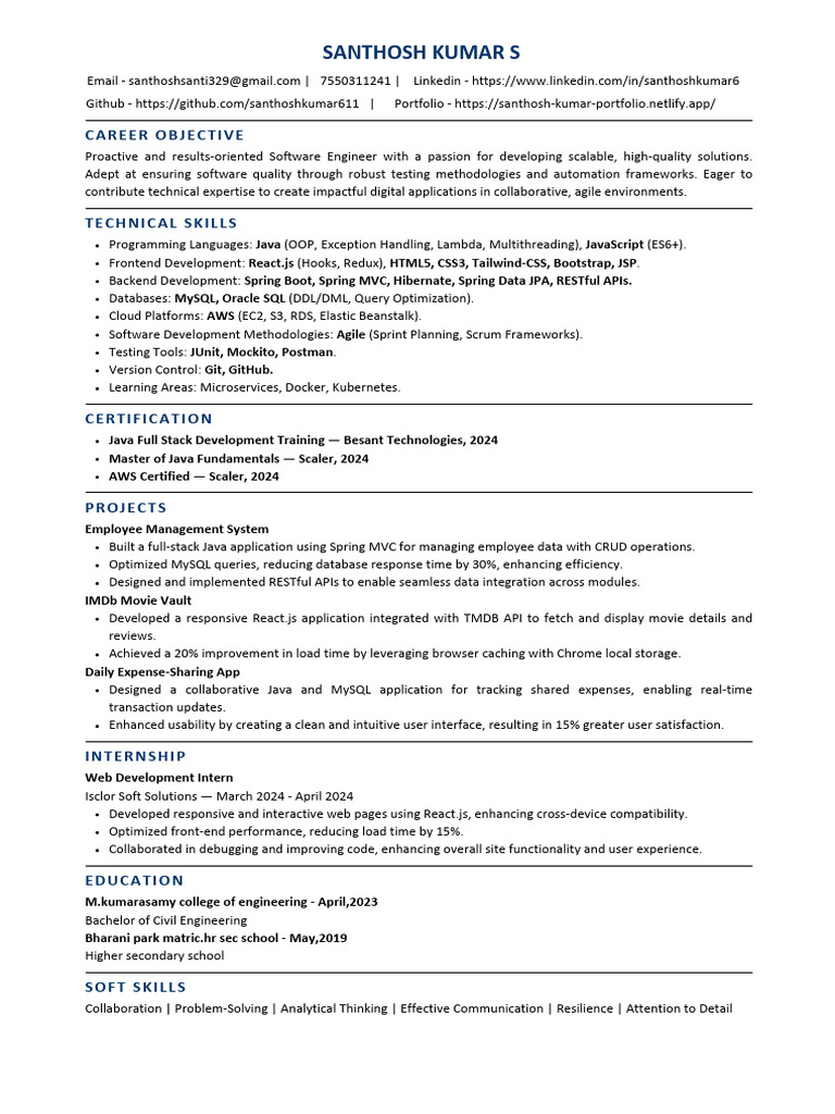 Santhosh Kumar S: Software Engineer Profile | PDF | Information ...