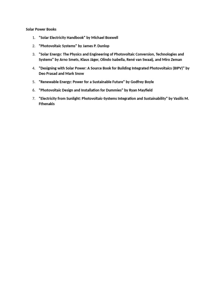 Essential Solar Power Books List | PDF