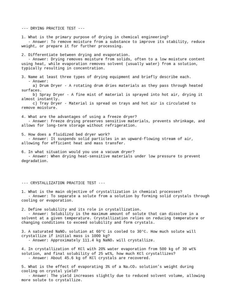 Drying and Crystallization Practice Test | PDF | Crystallization ...