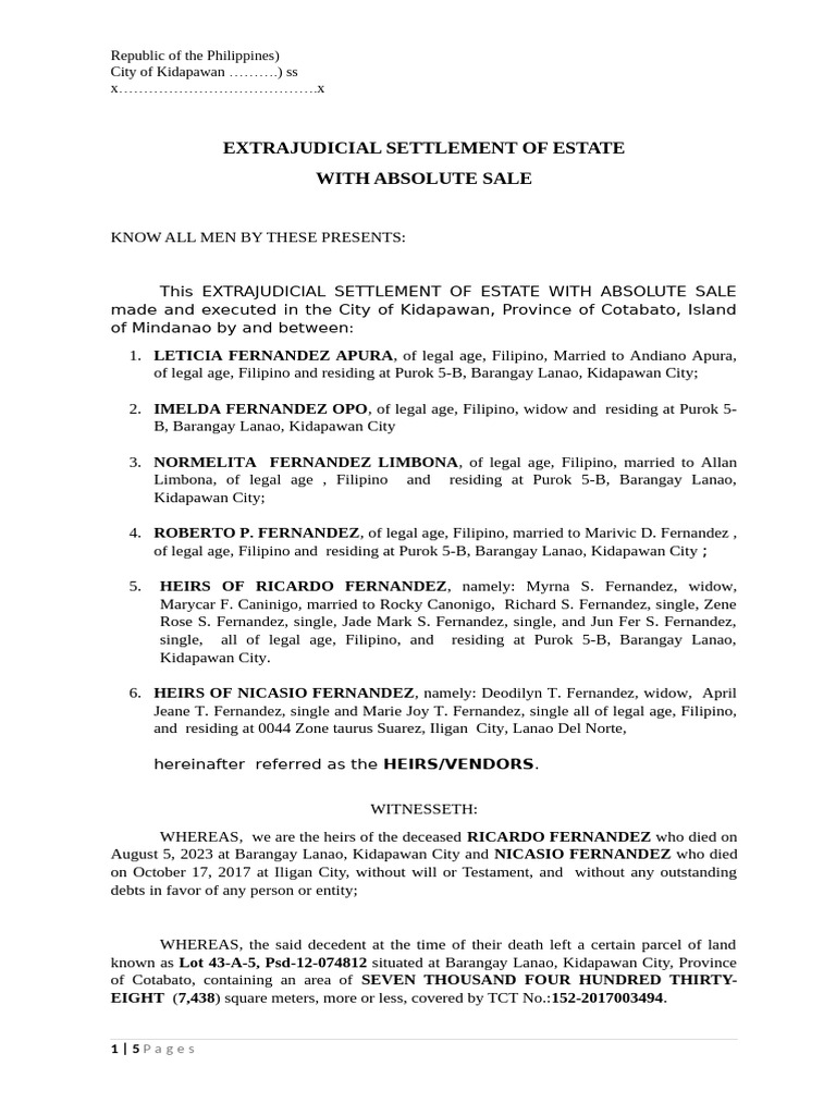 Extrajudicial Settlement of Estate With Absolute Sale | PDF | Natural ...
