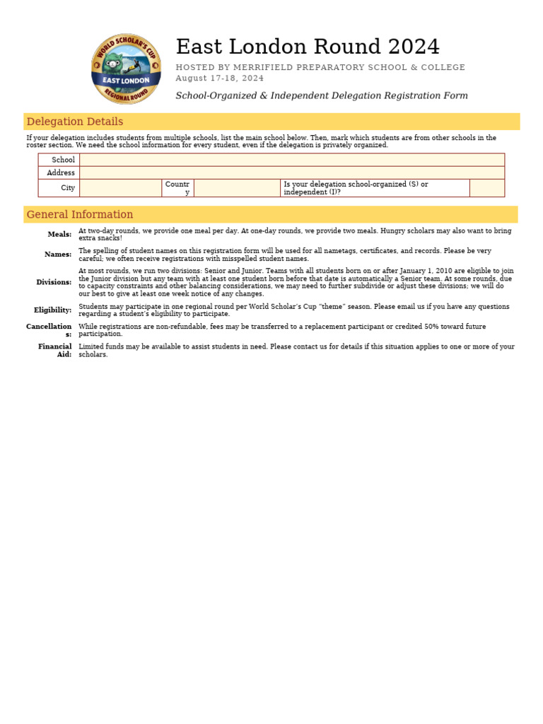 WSC East London Round Registration Form 2024 | PDF