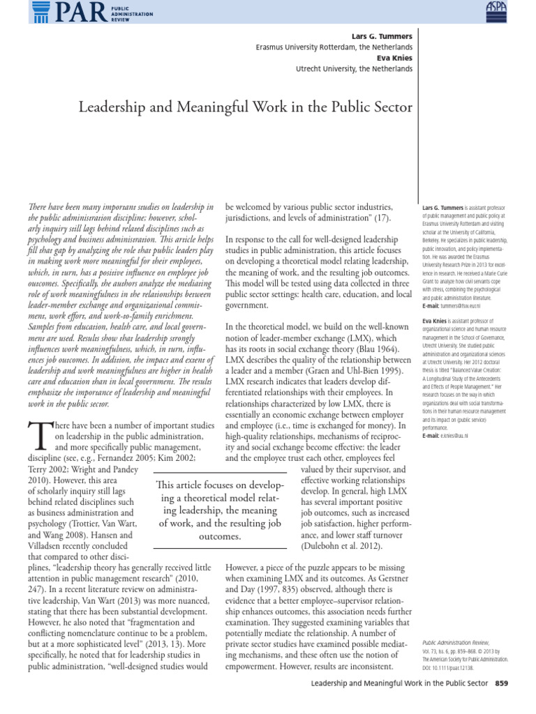 Leadership and Meaningfulness in Public Sector | PDF | Social ...
