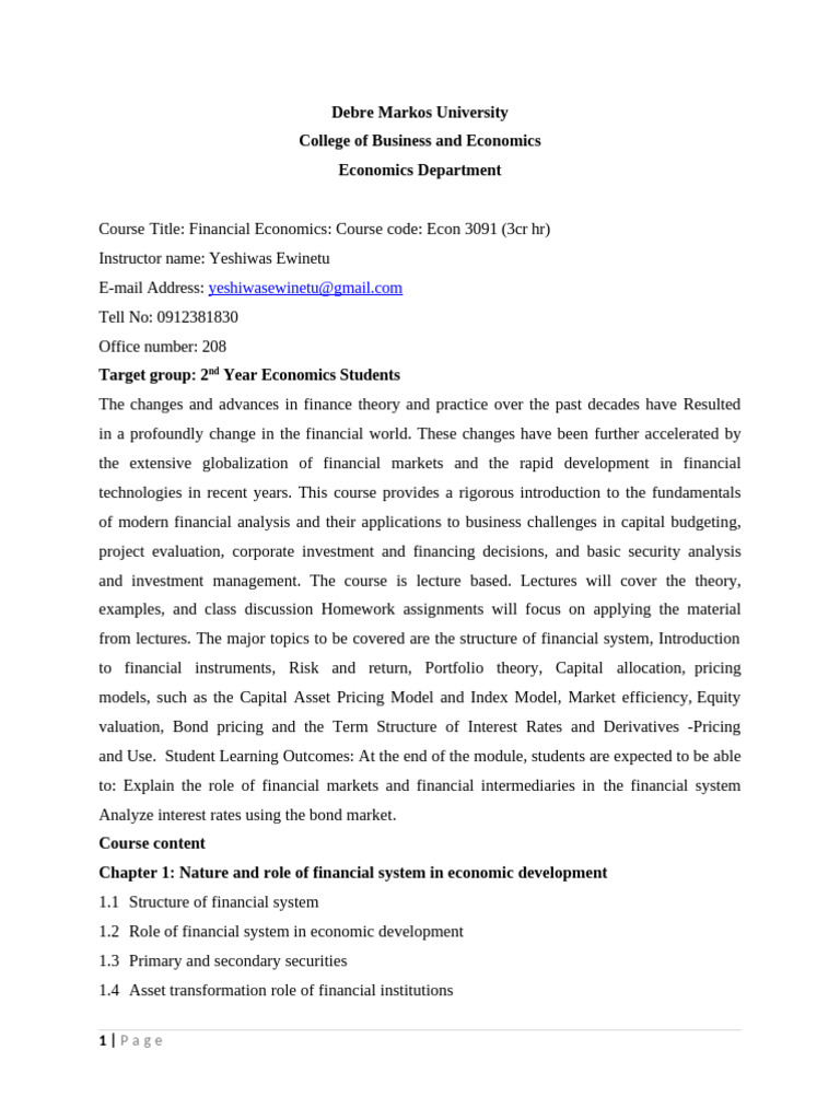 Financial Economics Course Overview | PDF | Financial Markets | Interest
