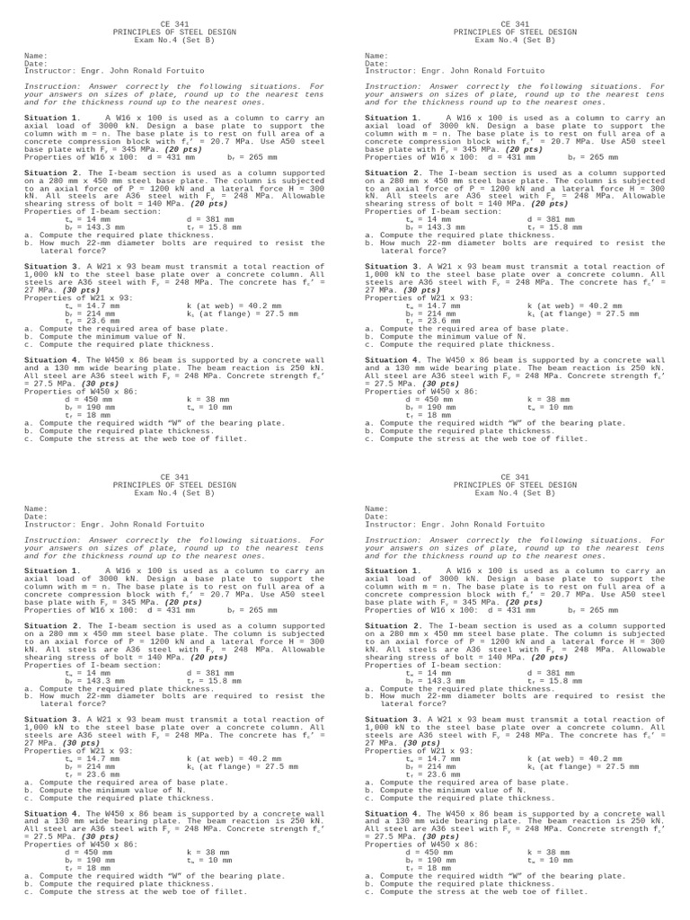 Steel Design Exam No. 4 SET B | PDF | Building Engineering | Mechanics