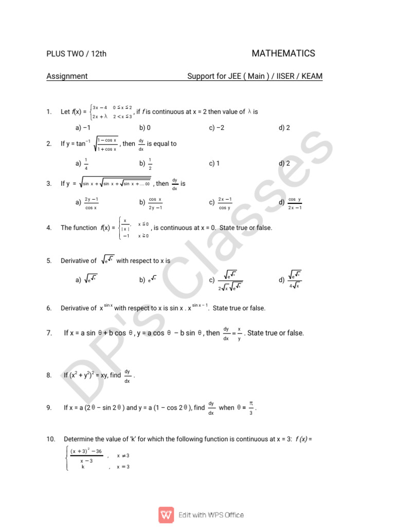 JEE Mathematics Assignment Solutions | PDF | Geometric Measurement ...