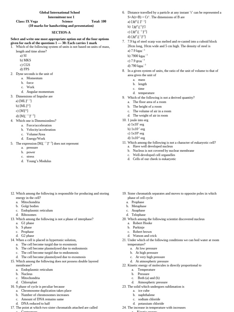 Science Exam: Class IX Vega | PDF | Cell (Biology) | Gases