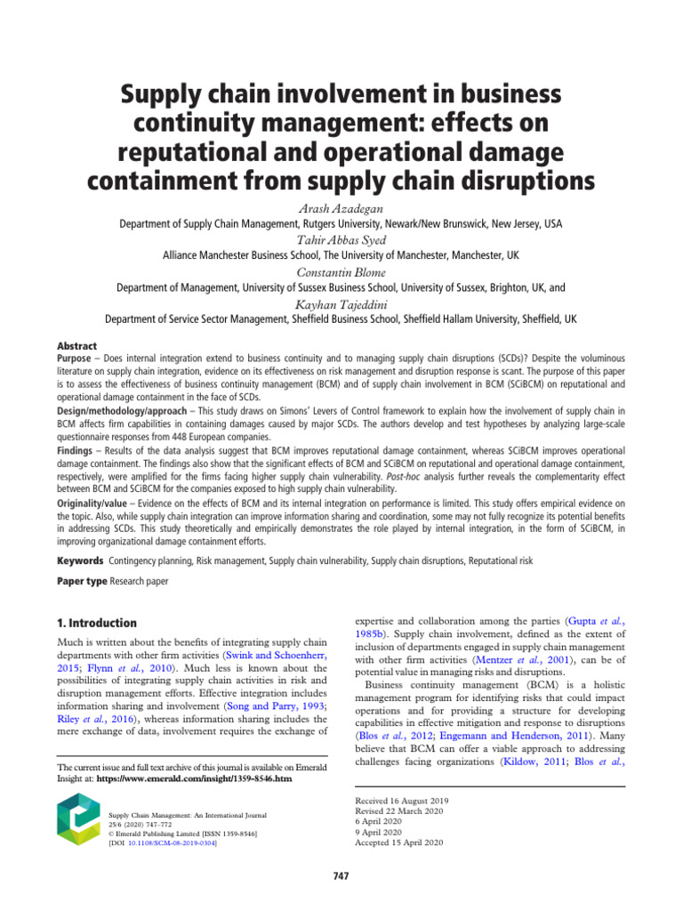 Supply Chain Involvement in BCM 2020 | PDF | Supply Chain | Risk