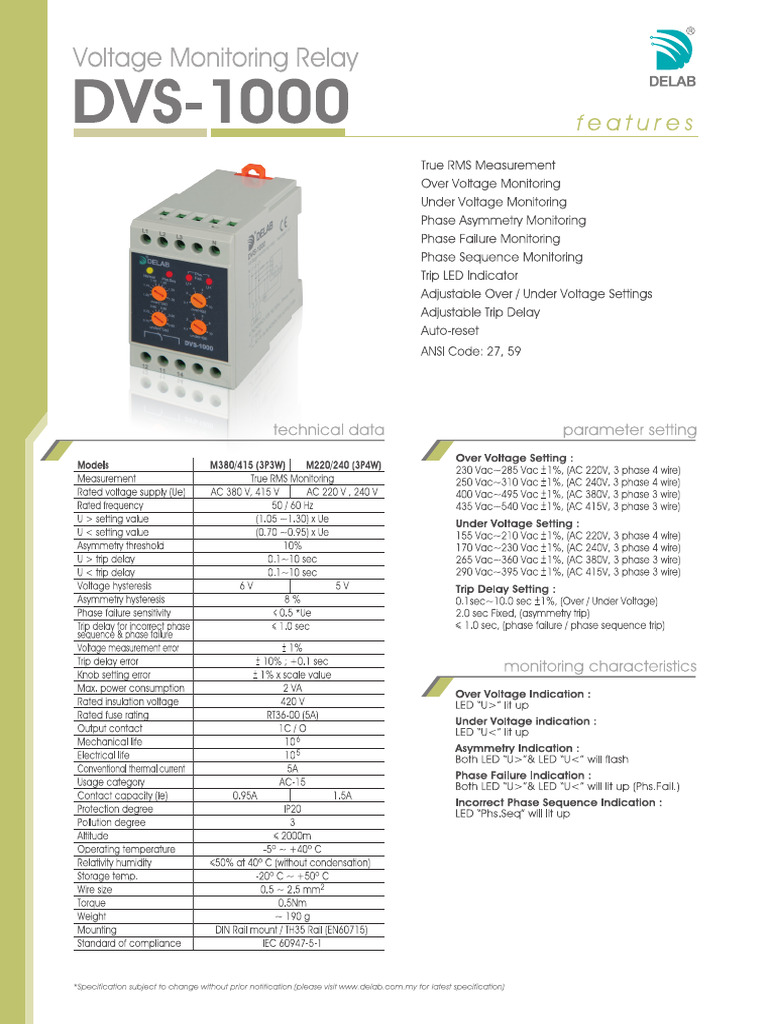 DELAB Analog Voltage Monitoring Relay DVS 1000 Catalog | PDF